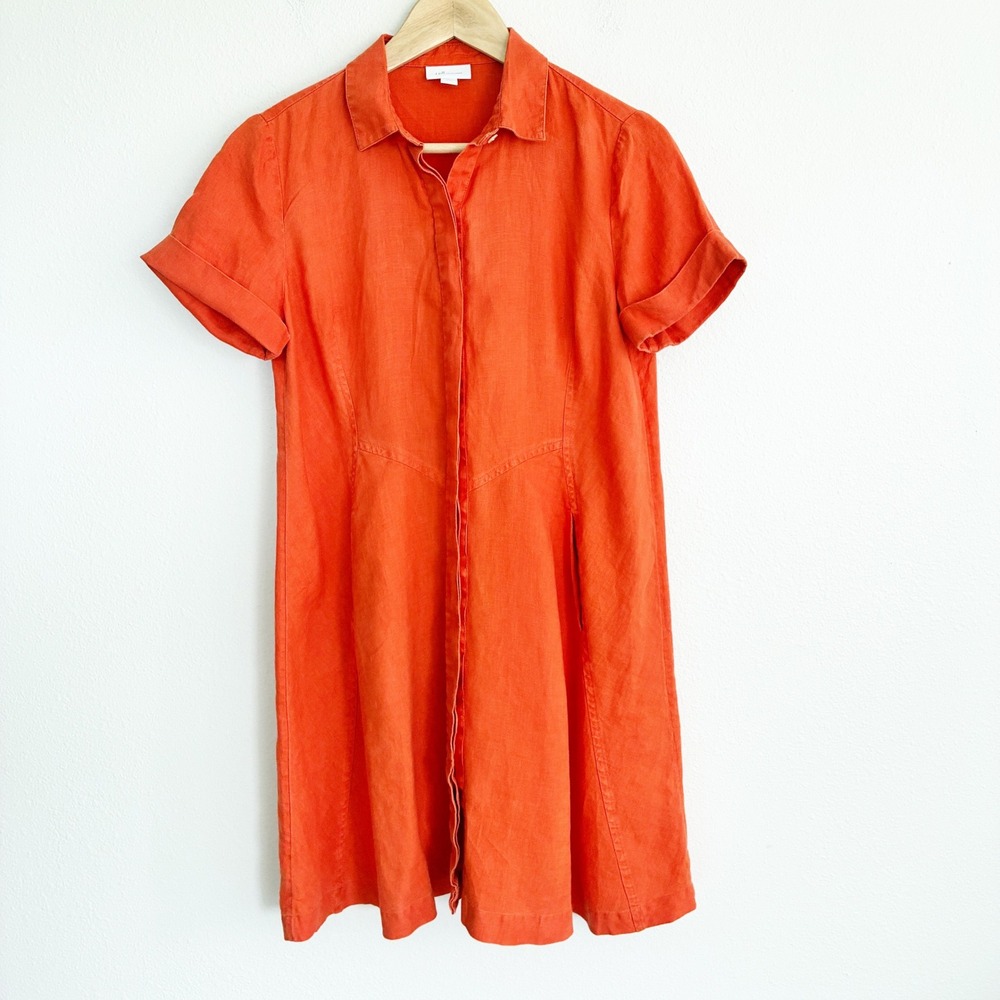 J. Jill Linen Shirt Dress Womens XS Petite Orange Short Sleeve Button Up Pockets